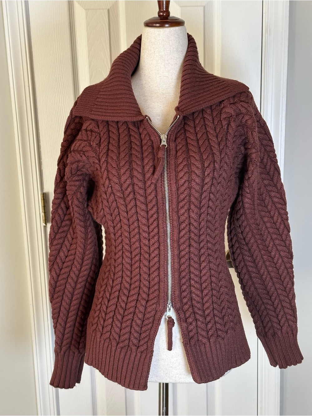 Maeve Hourglass Two way Cable-Knit Zip Cardigan Sweater - Brown - Picture 5 of 12